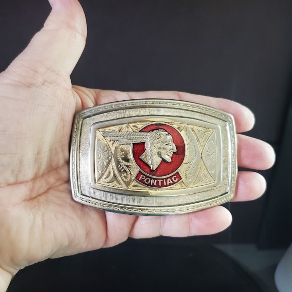 Vintage Pontiac Silver Tone Red Enamel Chief Logo Belt Buckle Classic Car Gift